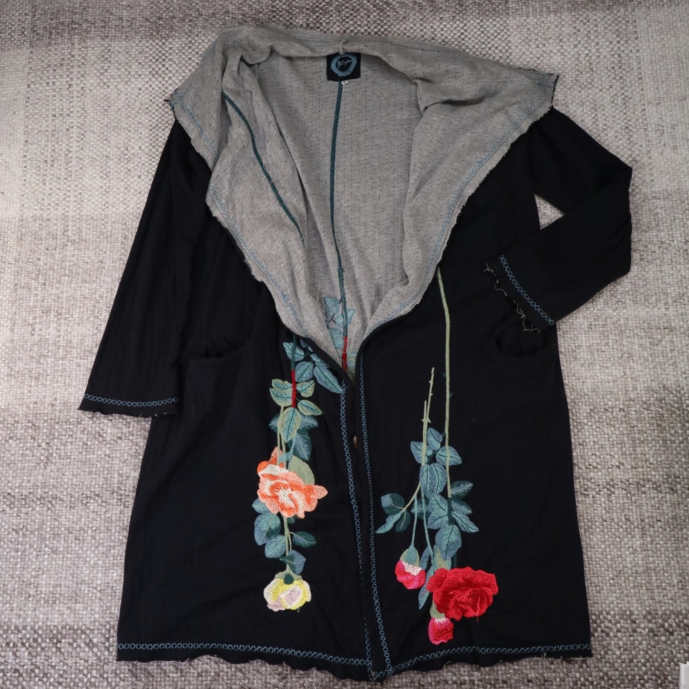 Biya Johnny Was Black Embroidered Floral Open Front Cardigan Duster Coat Medium